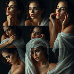 a series of sensual and artistic poses of women with captivating expressions and intriguing compositions, each surrounded by elegant drapery and subtle silhouettes to create allure and sophistication, focusing on soft lighting and gentle shadows to emphasize skin texture and natural beauty