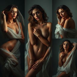 a series of sensual and artistic poses of women with captivating expressions and intriguing compositions, each surrounded by elegant drapery and subtle silhouettes to create allure and sophistication, focusing on soft lighting and gentle shadows to emphasize skin texture and natural beauty