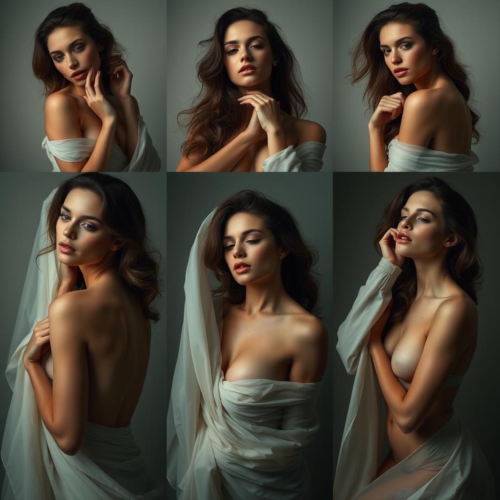 a series of sensual and artistic poses of women with captivating expressions and intriguing compositions, each surrounded by elegant drapery and subtle silhouettes to create allure and sophistication, focusing on soft lighting and gentle shadows to emphasize skin texture and natural beauty