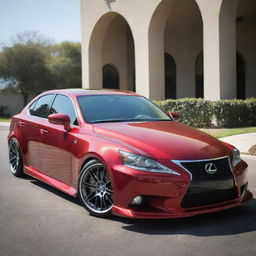 A modified Lexus IS350 sleekly designed, gleaming under harsh sunlight, sporting a set of high-gloss alloy wheels and a custom paint job