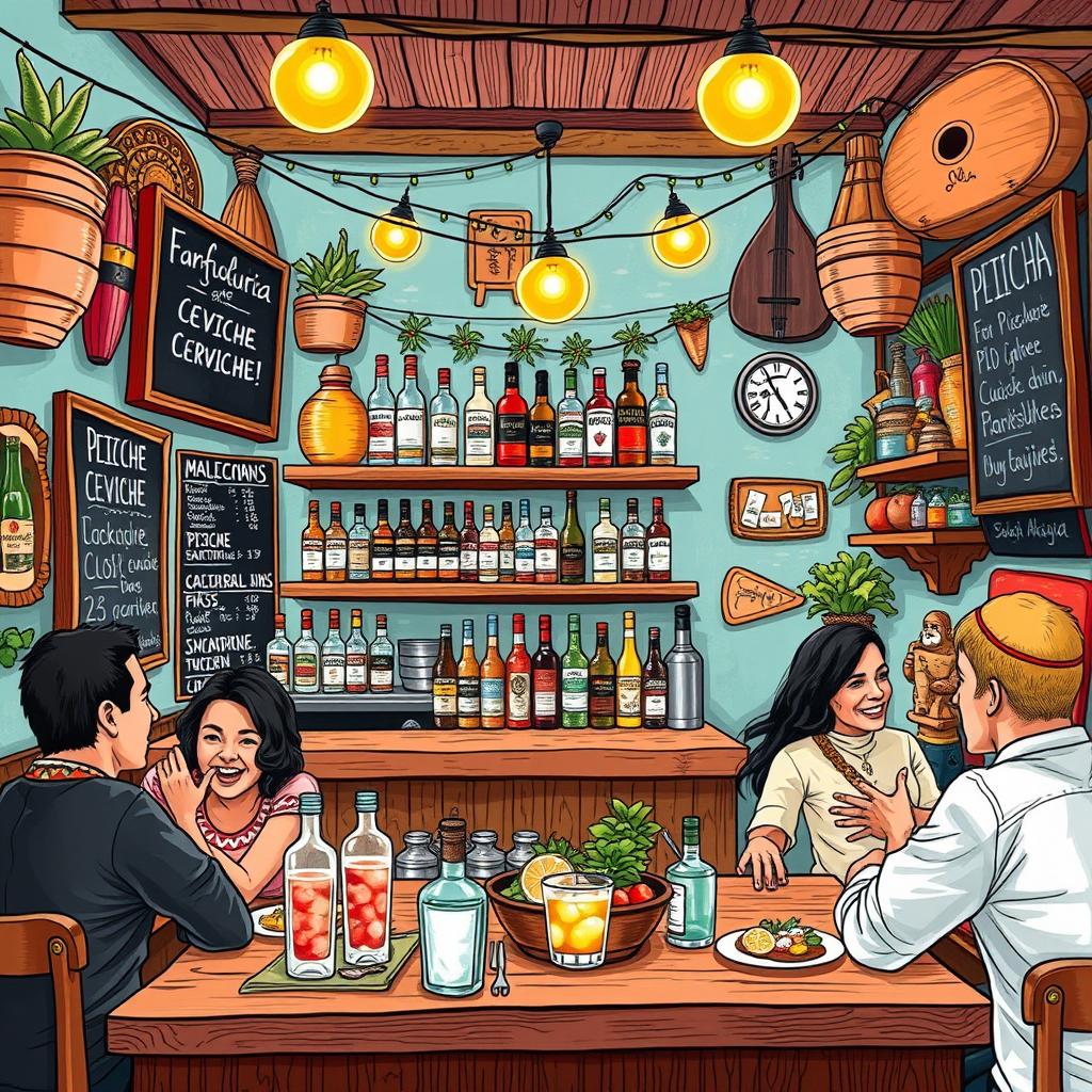 A vibrant and lively illustration of a small local cevicheria and pisco bar