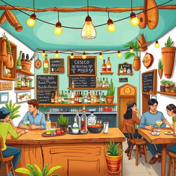 A vibrant and lively illustration of a small local cevicheria and pisco bar