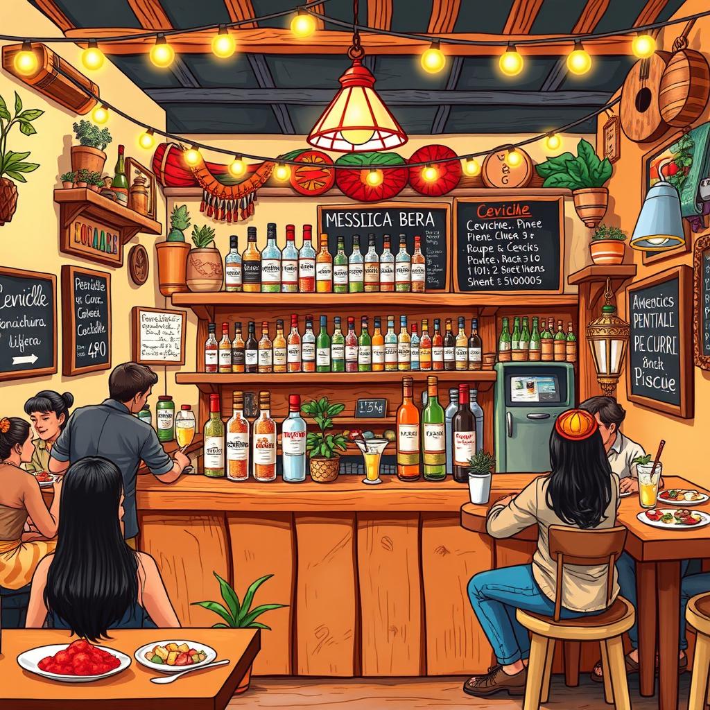 A vibrant and lively illustration of a small local cevicheria and pisco bar