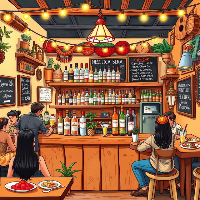 A vibrant and lively illustration of a small local cevicheria and pisco bar