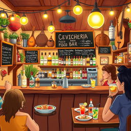 A vibrant and lively illustration of a small local cevicheria and pisco bar