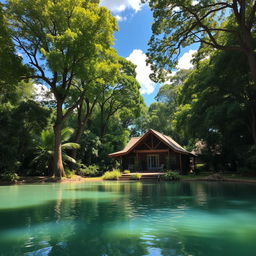 A picturesque scene featuring a charming house nestled among lush, dense forest with a serene lagoon in the foreground