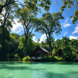 A picturesque scene featuring a charming house nestled among lush, dense forest with a serene lagoon in the foreground