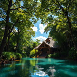 A picturesque scene featuring a charming house nestled among lush, dense forest with a serene lagoon in the foreground