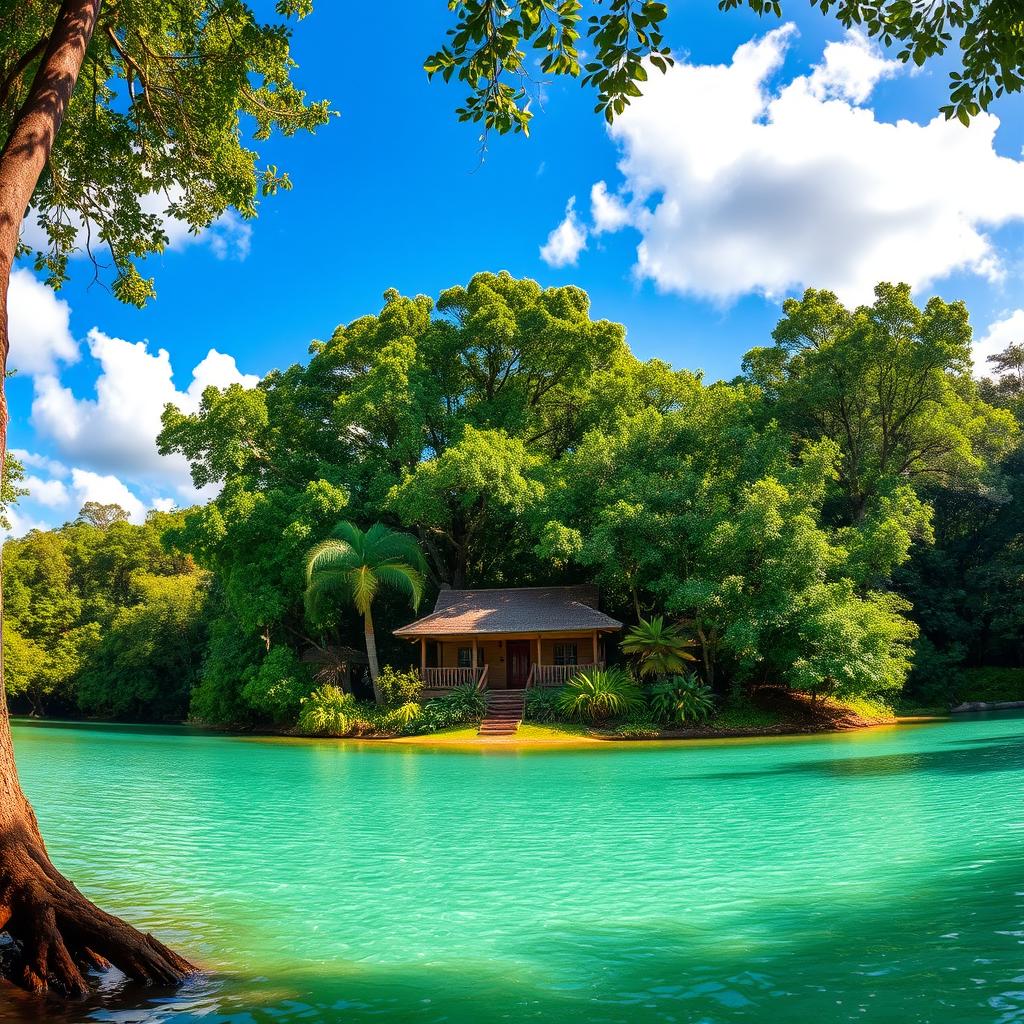 A picturesque scene featuring a charming house nestled among lush, dense forest with a serene lagoon in the foreground