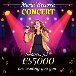 A vibrant and eye-catching concert poster featuring an illustration of Maria Becerra on stage, microphone in hand, exuding energy and charisma