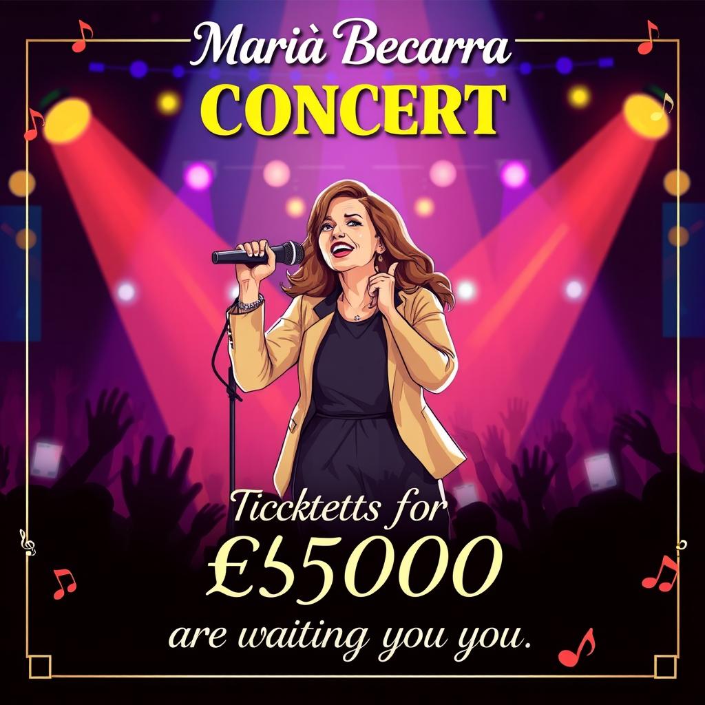 A vibrant and eye-catching concert poster featuring an illustration of Maria Becerra on stage, microphone in hand, exuding energy and charisma