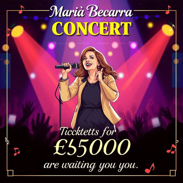 A vibrant and eye-catching concert poster featuring an illustration of Maria Becerra on stage, microphone in hand, exuding energy and charisma