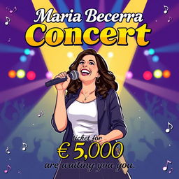 A vibrant and eye-catching concert poster featuring an illustration of Maria Becerra on stage, microphone in hand, exuding energy and charisma