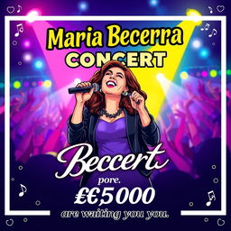 A vibrant and eye-catching concert poster featuring an illustration of Maria Becerra on stage, microphone in hand, exuding energy and charisma