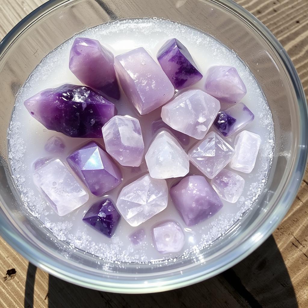 Amethyst and quartz crystals being gently washed in a bowl filled with sparkling salt water