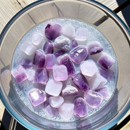 Amethyst and quartz crystals being gently washed in a bowl filled with sparkling salt water