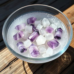 Amethyst and quartz crystals being gently washed in a bowl filled with sparkling salt water