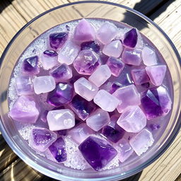 Amethyst and quartz crystals being gently washed in a bowl filled with sparkling salt water