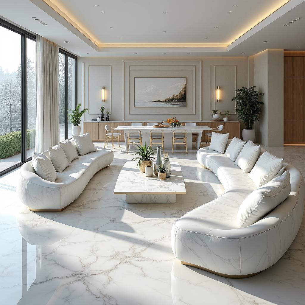 A luxurious room featuring exquisite white marble furniture, showcasing a pristine white marble dining table with matching chairs, a sleek white marble coffee table accompanied by a modern marble sofa set