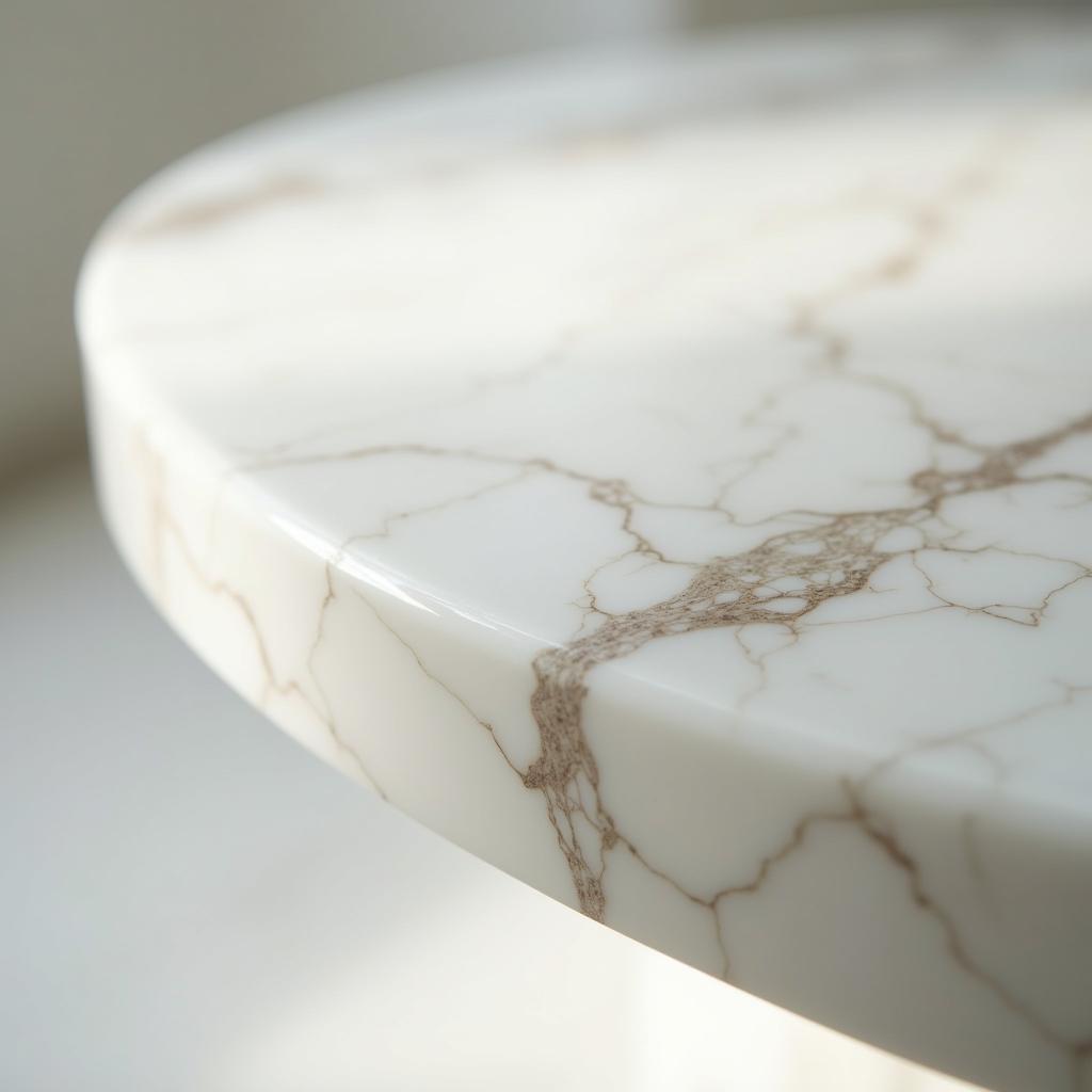 Close-up view of exquisite white marble furniture detailing, showcasing the intricate veining and smooth polished surfaces