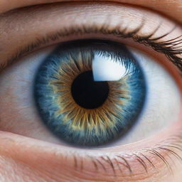 A close-up image of a human eye with perfect vision, revealing incredible, intricate details. Light is reflected in the vibrant, glassy iris, bringing life and intensity to the image.