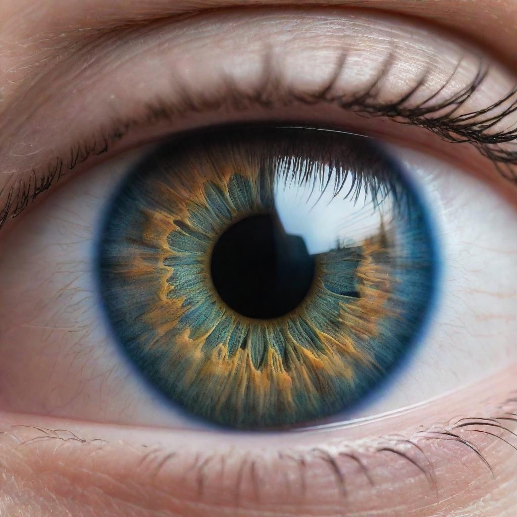 A close-up image of a human eye with perfect vision, revealing incredible, intricate details. Light is reflected in the vibrant, glassy iris, bringing life and intensity to the image.