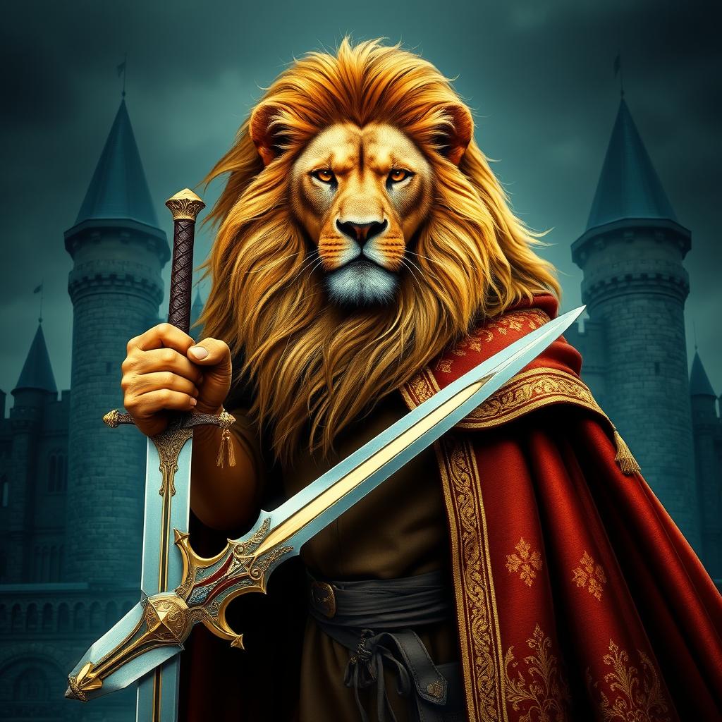 A majestic lion wearing a regal cape and holding a gleaming sword in its paw, standing proudly against a backdrop of a grand medieval castle