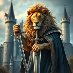 A majestic lion wearing a regal cape and holding a gleaming sword in its paw, standing proudly against a backdrop of a grand medieval castle