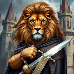 A majestic lion wearing a regal cape and holding a gleaming sword in its paw, standing proudly against a backdrop of a grand medieval castle