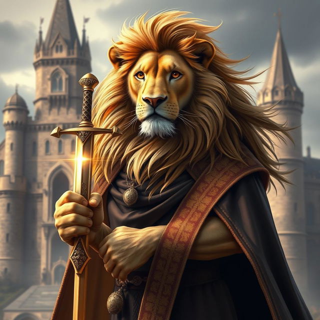 A majestic lion wearing a regal cape and holding a gleaming sword in its paw, standing proudly against a backdrop of a grand medieval castle