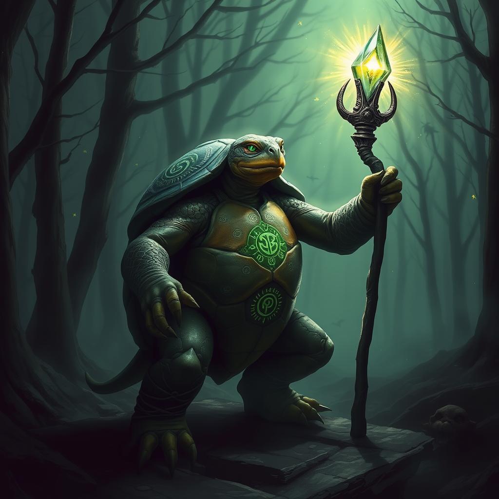 An imposing tortle warlock, standing in a mystical forest