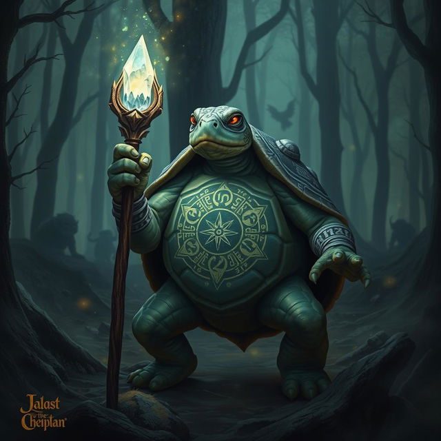 An imposing tortle warlock, standing in a mystical forest