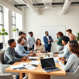 A diverse team of professionals working together in a modern office setting