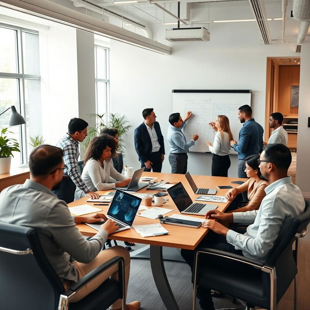 A diverse team of professionals working together in a modern office setting