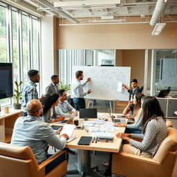 A diverse team of professionals working together in a modern office setting