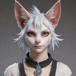 Generate an image of a Miqo'te, a fictional humanoid character species from the 'Final Fantasy' series. They should have distinctive cat-like features, including long tails and ears, with expressive and vividly colored eyes.