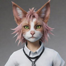 Generate an image of a Miqo'te, a fictional humanoid character species from the 'Final Fantasy' series. They should have distinctive cat-like features, including long tails and ears, with expressive and vividly colored eyes.