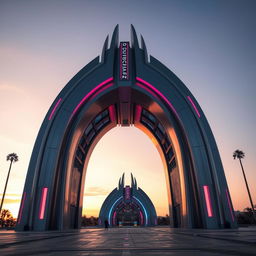 Futuristic grand gateway, featuring sleek and modern design elements, with smooth metallic surfaces and vibrant neon lights