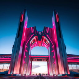 Futuristic grand gateway, featuring sleek and modern design elements, with smooth metallic surfaces and vibrant neon lights