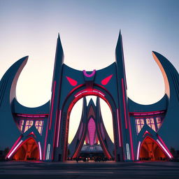 Futuristic grand gateway, featuring sleek and modern design elements, with smooth metallic surfaces and vibrant neon lights