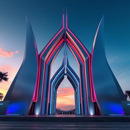 Futuristic grand gateway, featuring sleek and modern design elements, with smooth metallic surfaces and vibrant neon lights