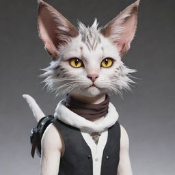 Generate an image of a Miqo'te, a fictional humanoid character species from the 'Final Fantasy' series. They should have distinctive cat-like features, including long tails and ears, with expressive and vividly colored eyes.