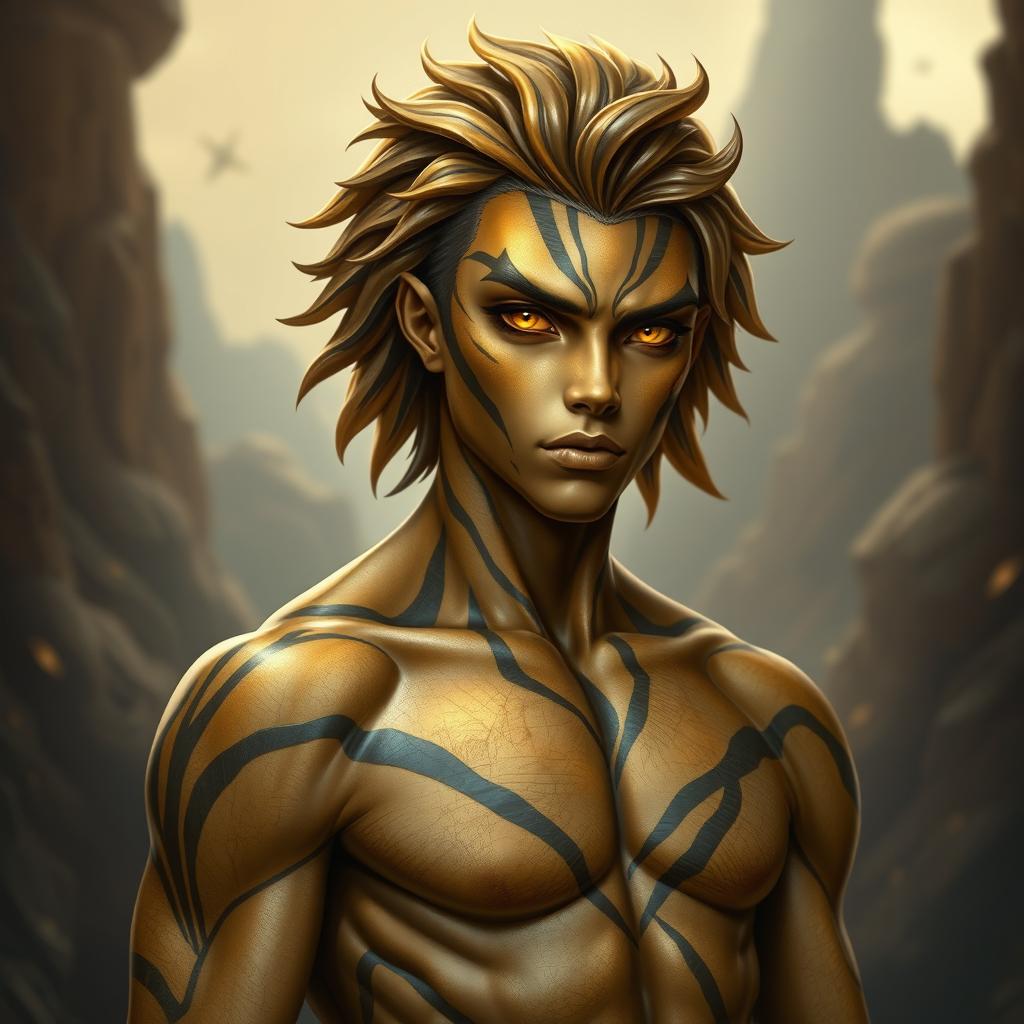 A male Earth Genasi with skin resembling a tiger's eye gemstone, featuring a rocky texture banded with gold, brown, and black stripes that have a reflective sheen