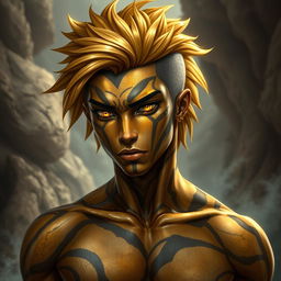 A male Earth Genasi with skin resembling a tiger's eye gemstone, featuring a rocky texture banded with gold, brown, and black stripes that have a reflective sheen