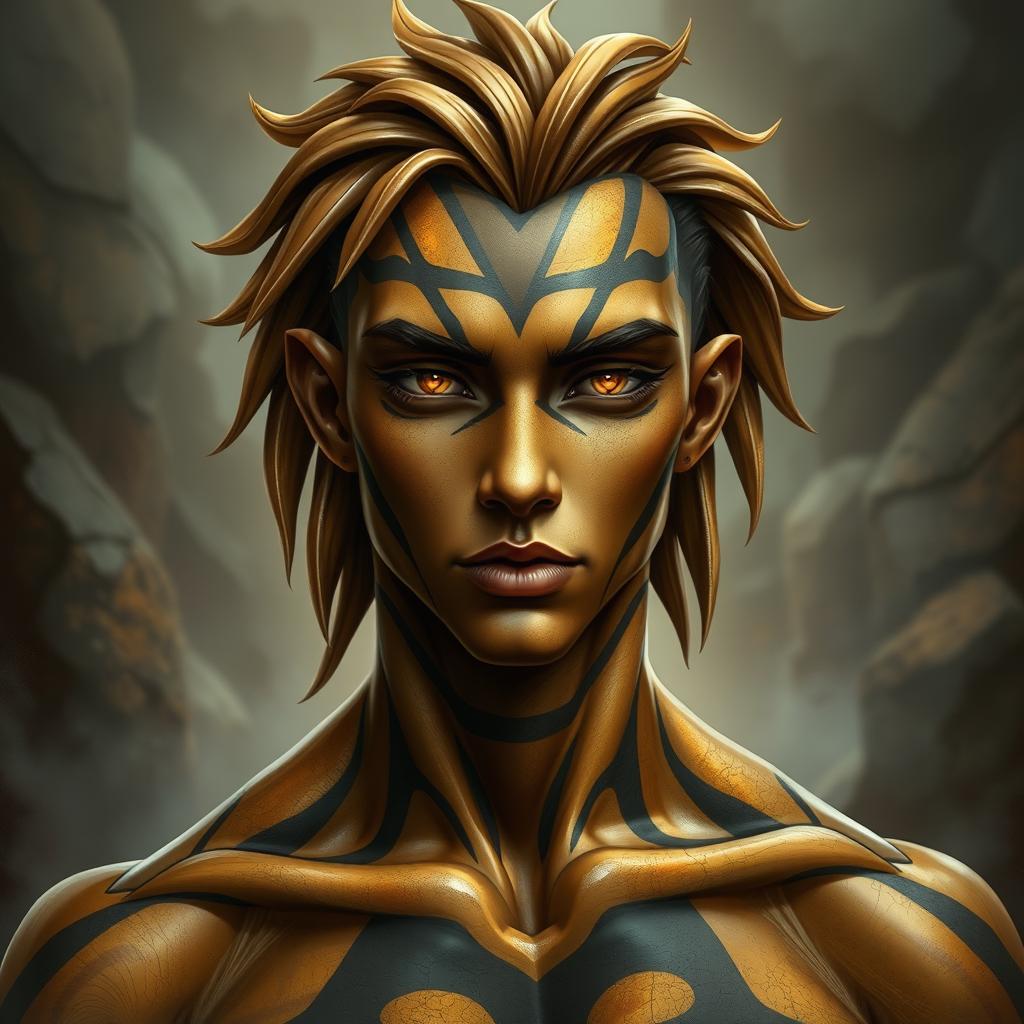 A male Earth Genasi with skin resembling a tiger's eye gemstone, featuring a rocky texture banded with gold, brown, and black stripes that have a reflective sheen