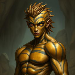 A male Earth Genasi with skin resembling a tiger's eye gemstone, featuring a rocky texture banded with gold, brown, and black stripes that have a reflective sheen