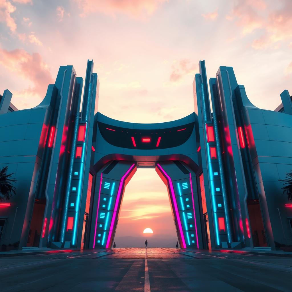 Realistic depiction of a futuristic grand gateway, featuring sleek and modern design elements, with smooth metallic surfaces and vibrant neon lights