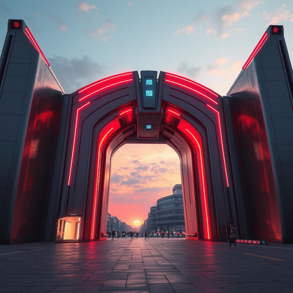 Realistic depiction of a futuristic grand gateway, featuring sleek and modern design elements, with smooth metallic surfaces and vibrant neon lights