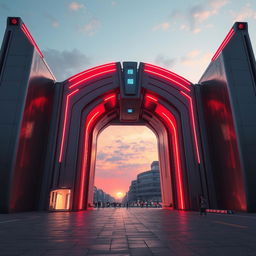 Realistic depiction of a futuristic grand gateway, featuring sleek and modern design elements, with smooth metallic surfaces and vibrant neon lights