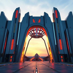 Realistic depiction of a futuristic grand gateway, featuring sleek and modern design elements, with smooth metallic surfaces and vibrant neon lights